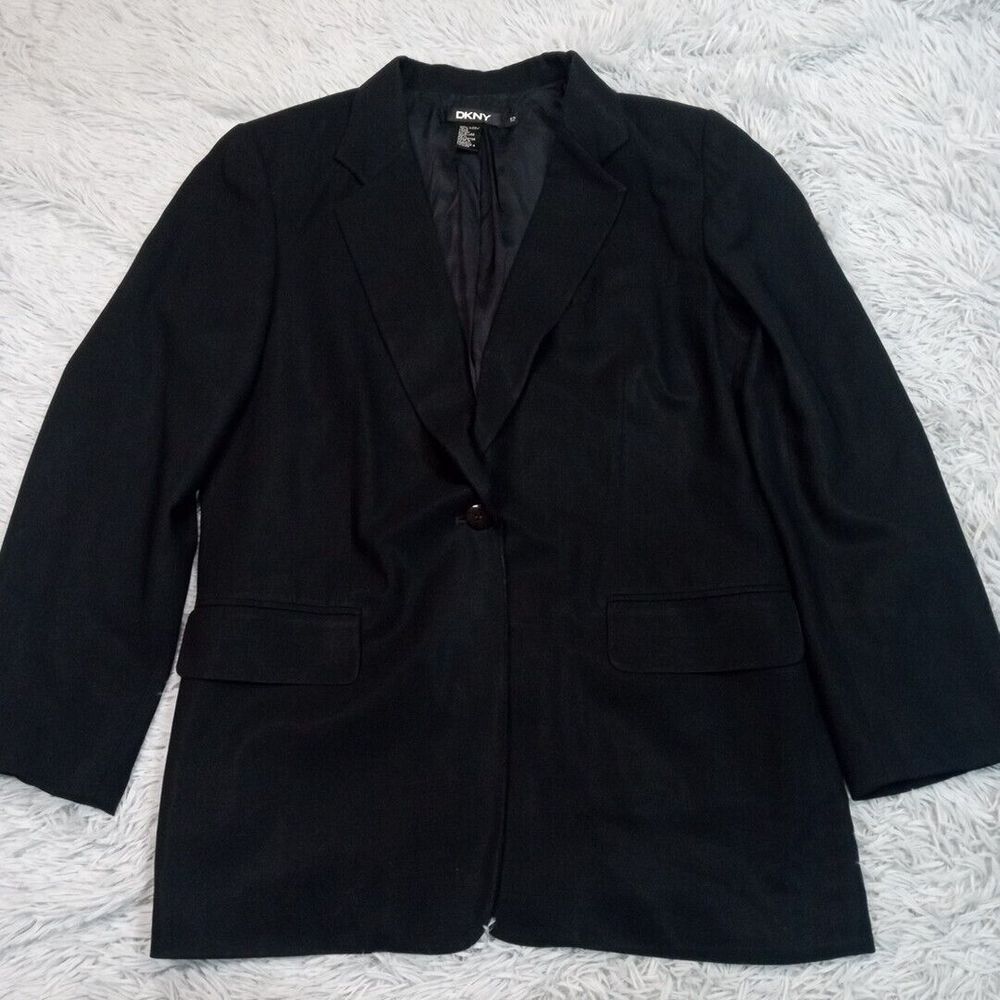 Vintage DKNY Jacket Womens 12 Black Wool Blend‎ Blazer Suit Coat Faux Pockets